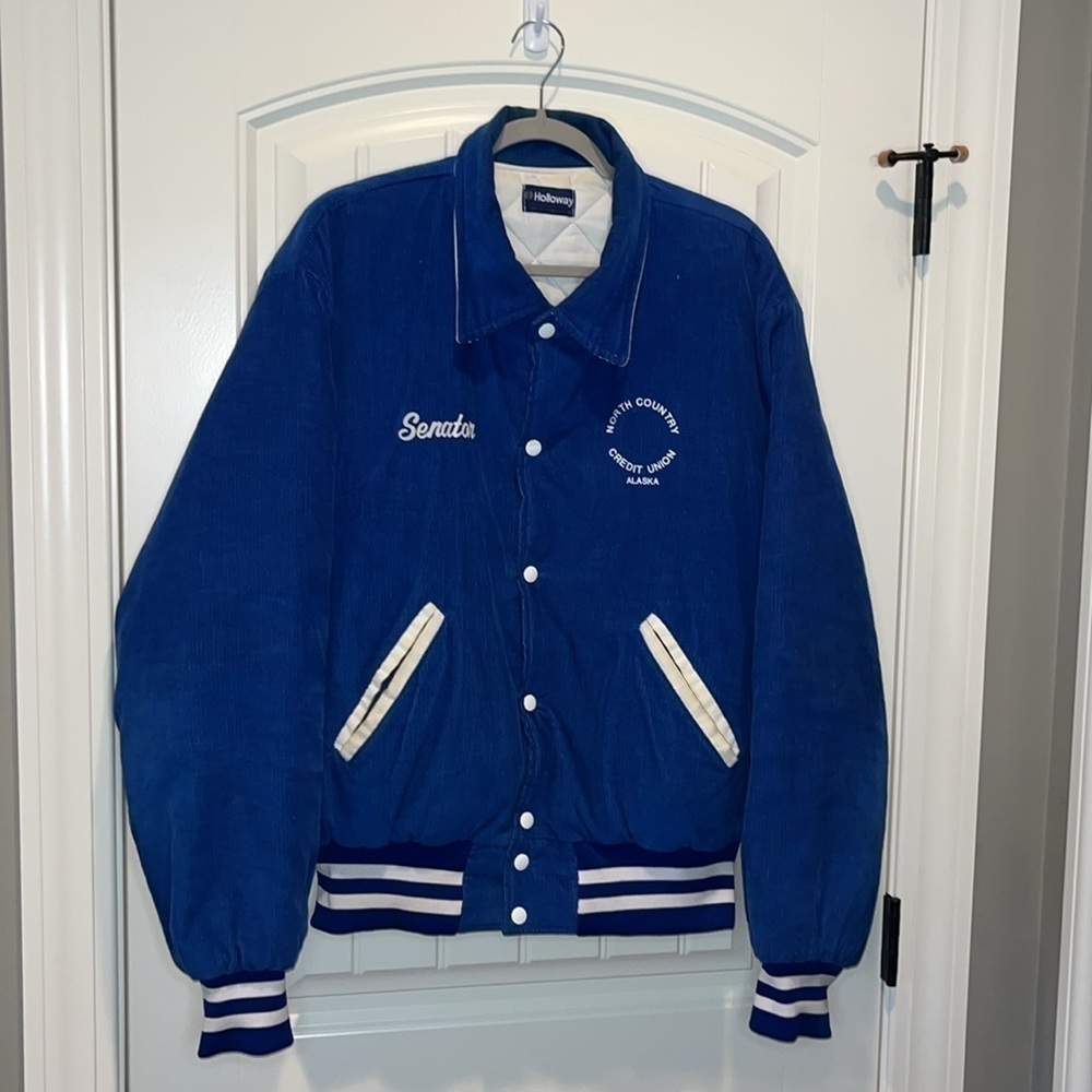 Rare Vintage blue corduroy trucker jacket coat embroidered Senator Alaska L/XL - Picture 3 of 16